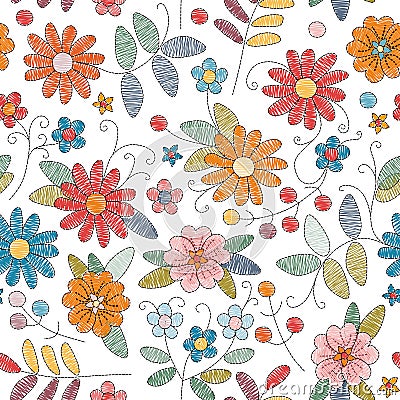 Embroidery seamless pattern with bright colorful flowers on white background. Vector Illustration