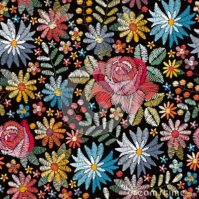 Embroidery seamless pattern with colorful flowers, leaves and berries on black background. Fashion design Vector Illustration