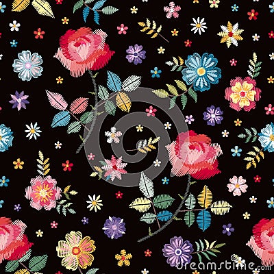 Embroidery seamless pattern with colorful flowers and leaves. Beautiful print with spanish motives. Manton shawl. Fashion design. Vector Illustration