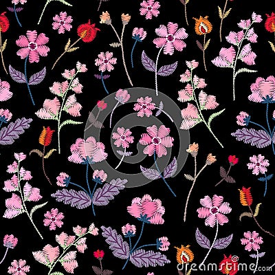 Embroidery seamless pattern with different wild flowers. Vector floral ornament on black background. Satin stitch Vector Illustration