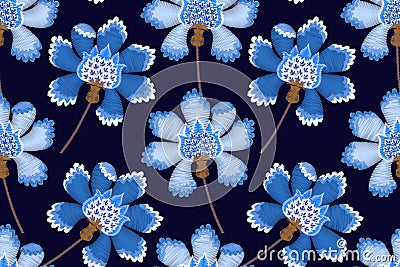Embroidery seamless pattern with fairytale blue flowers Vector Illustration