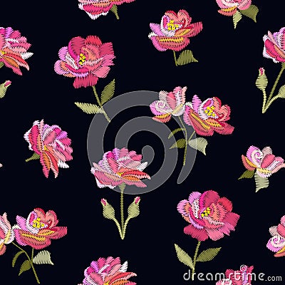 Embroidery seamless pattern with pink flowers on black background. Imitation of satin stitch. Vector illustration Vector Illustration