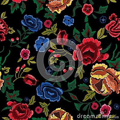 Embroidery seamless pattern with red and blue roses. Vector Illustration