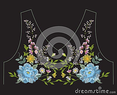 Embroidery simplified ethnic neck line floral pattern with blue Vector Illustration