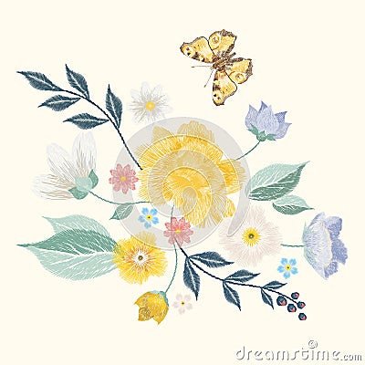 Embroidery simplified floral pattern with butterfly and flowers Vector Illustration