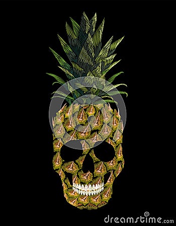 Embroidery skull pineapple t-skirt print. Fashion decoration patch embroidered imitation. Yellow exotic fruit tropical Vector Illustration