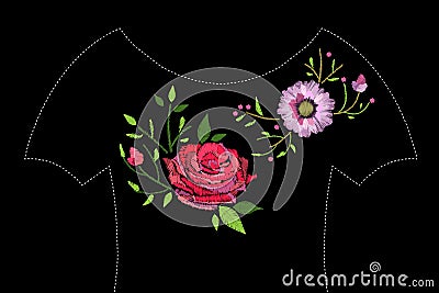 Embroidery stitches with gerbera, rose and leaves Vector Illustration