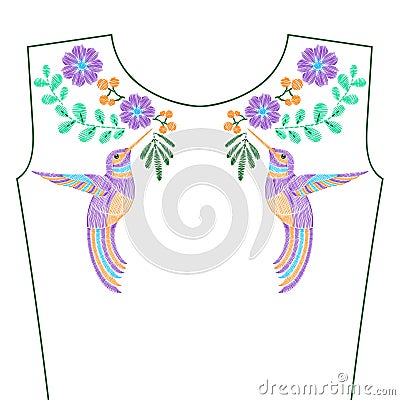 Embroidery stitches with hummingbird, wild spring flowers for ne Vector Illustration