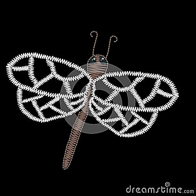 Embroidery stitches imitation dragon fly isolated on the black Vector Illustration