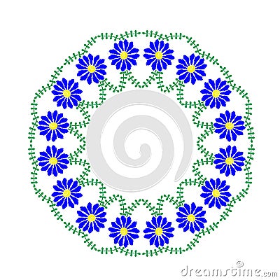Embroidery stitches imitation floral frame with blue flower and Vector Illustration