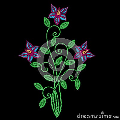 Embroidery stitches imitation folk flower with green leaf Vector Illustration