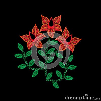 Embroidery stitches imitation folk red flower with green leaf Vector Illustration