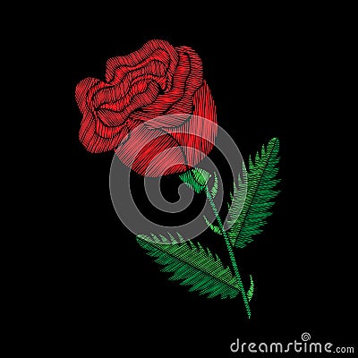 Embroidery stitches imitation red bud of rose Vector Illustration