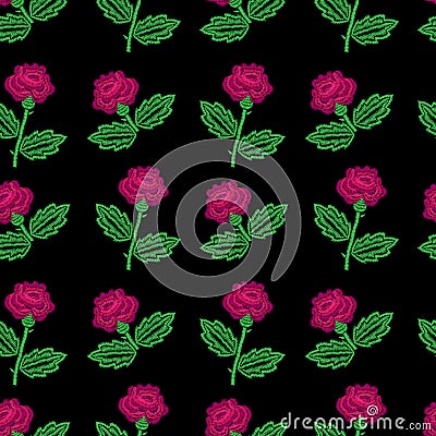 Embroidery stitches imitation seamless pattern with little roses Vector Illustration