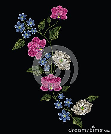 Embroidery stitches with orchid, magnolia and hepatica flower.. Vector Illustration