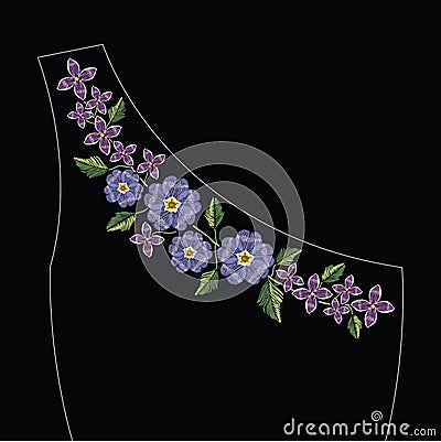 Embroidery stitches with primarose primula vulgaris and lilac fl Vector Illustration