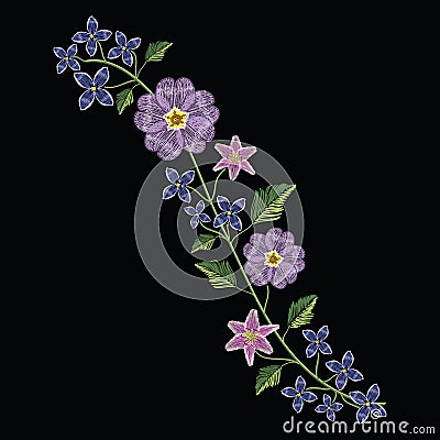 Embroidery stitches with primarose primula vulgaris and lilac fl Vector Illustration