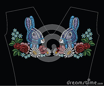 Embroidery stitches with rabbit, roses, chamomile, myosotis in p Vector Illustration