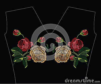 Embroidery stitches with red and yellow roses in pastel color. V Vector Illustration