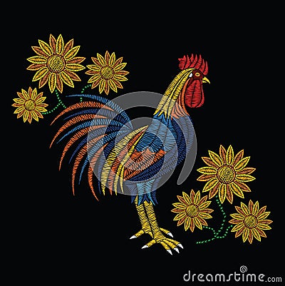 Embroidery stitches with rooster and sunflowers in pastel color. Vector Illustration