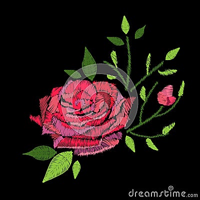 Embroidery stitches with rose flower Vector Illustration