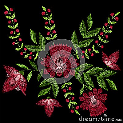 Embroidery stitches with spring rose flowers. Vector fashion ornament on black background for textile, fabric traditional folk fl Vector Illustration