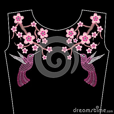 Embroidery stitches with spring Sakura flowers, branch of Japanese cherry blossoms with hummingbird. Neckline for fashion Vector Illustration