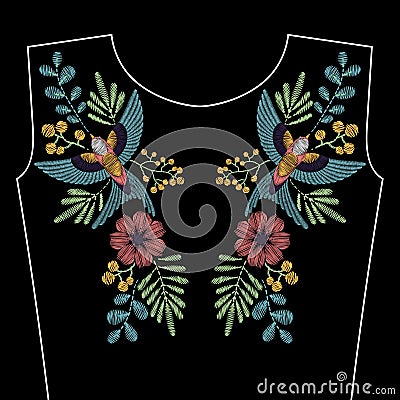 Embroidery stitches with spring swallow bird, wild flowers for n Vector Illustration