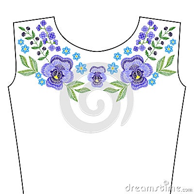 Embroidery stitches with spring violet flowers, indigo forget me Vector Illustration