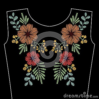 Embroidery stitches with spring wild flowers for neckline. Vector fashion ornament on black background for textile, fabric Vector Illustration