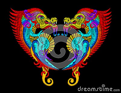 Embroidery stitches style, embroidered design elements of dragon Vector Illustration