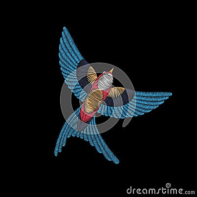 Embroidery stitches with swallow bird. Vector fashion ornament f Vector Illustration