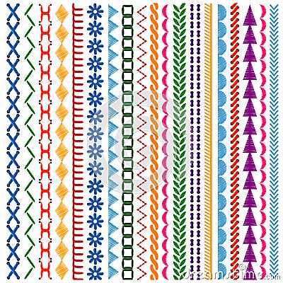 Embroidery stitches vector seamless patterns and borders set Vector Illustration