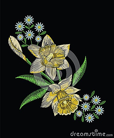 Embroidery stitches with yellow narcissus daffodil, chamomile an Vector Illustration