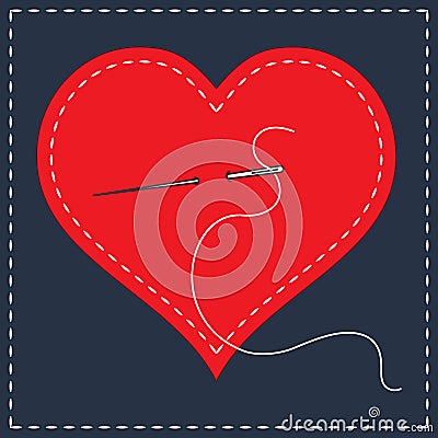 Embroidery stylization with stitches. A vector illustration of stitched heart, needle with thread. Background for Valentines day, Vector Illustration