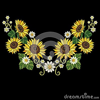 Embroidery sunflowers and daisy flowers Vector Illustration