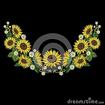 Embroidery sunflowers and daisy flowers Vector Illustration