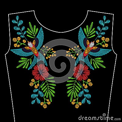 Embroidery with swallow bird, wild flowers for neckline. Vector Vector Illustration