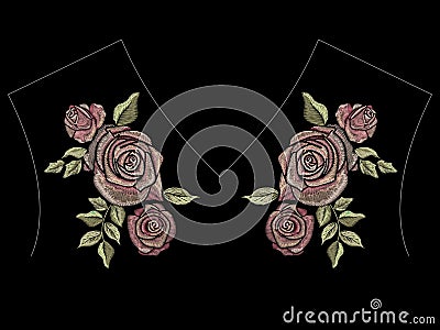 Embroidery tea color ethnic neck line floral pattern with roses. Vector Illustration