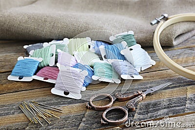 Embroidery Tools on Rustic Table Stock Photo