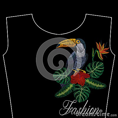 Embroidery toucan with tropical flowers, fashion word, vector illustration for girls Vector Illustration