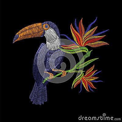 Embroidery toucan with tropical flowers. Vector artwork illustration for fashion Vector Illustration