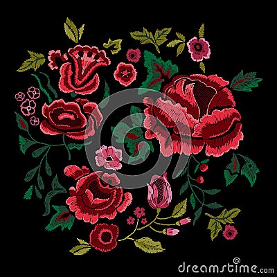 Embroidery traditional folk pattern with red roses. Vector Illustration