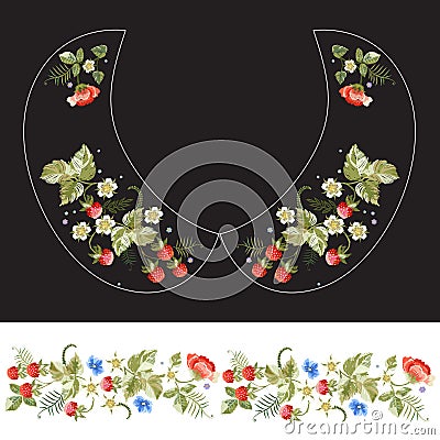 Embroidery traditional neck pattern for collar with strawberries and flower Vector Illustration
