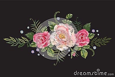 Embroidery traditional pattern with pink roses and forget me not. Vector Illustration