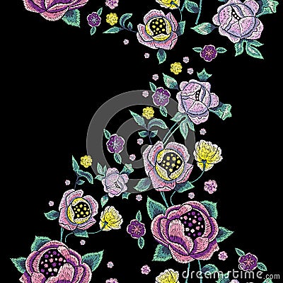 Embroidery traditional seamless pattern with pale roses. Vector Illustration