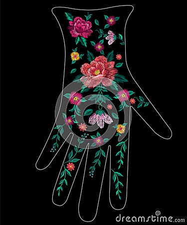Embroidery trend ethnic floral pattern on glove design. Vector Illustration