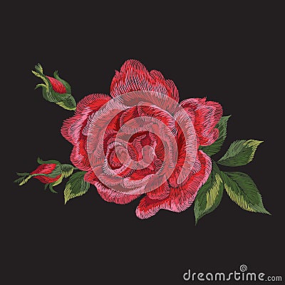 Embroidery trend ethnic floral pattern with red rose. Vector Illustration