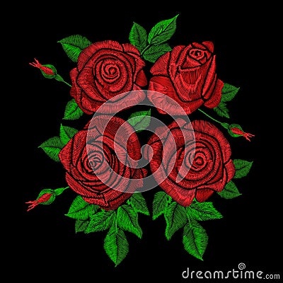 Embroidery trend ethnic floral pattern with red roses. Vector Illustration