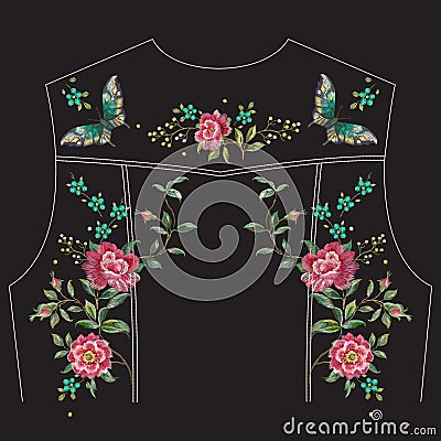 Embroidery trend ethnic floral pattern with roses and butterflie Vector Illustration